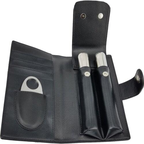 PU Leather Cigar Case with Stainless Steel Cutter, 2 Finger Cigar Pouch Travel Case, Black