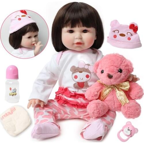 56CM soft silicone Humanoid doll 22 inch Cute lifelike reborn body baby With Pink bear girl Birthday gifts Toys for children