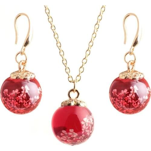 Fashion Women Dried Flower Glass Ball Pendant Necklace Hook Earrings Jewelry Set
