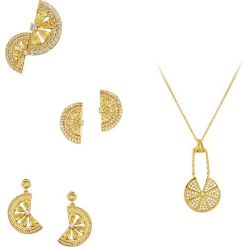 Super Shiny Colorful Zircon Fruit Series Cool Sweet Half-Cut Lemon Earrings Necklace Brooch Ring Bracelet Set