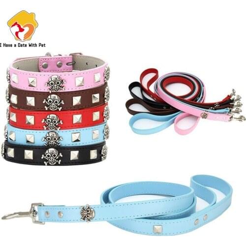 New Pet Dog Collar Dog Leash Fashion Skull decoration Pink Blue Black Brown Red Leash for Small Large Dog Puppy Collar for Dogs