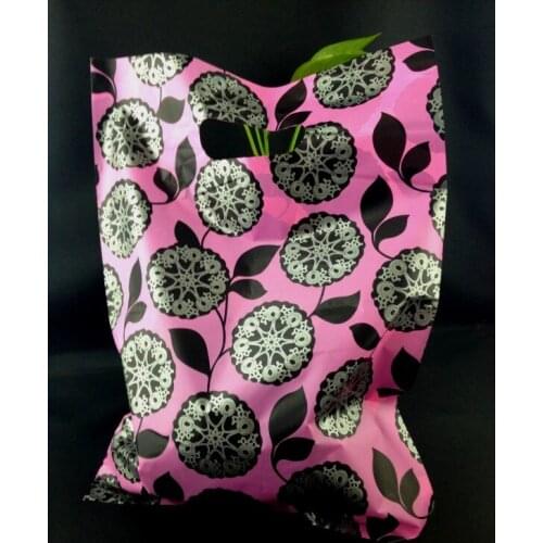New Style 100pcs/lot 25x35cm (9.8"x13.7") Dark Pink Flower Plastic Gift Bag with Handle Plastic Shopping Cloth Bags