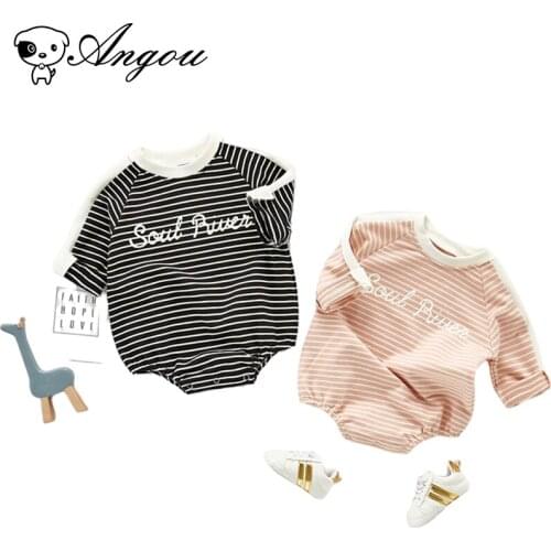 Angou Autumn Baby Boy Girl Long Sleeves Jumpsuit Romper Stripe Cotton Casual Pink Bodysuits Infant Baby Girls Clothes Outfit