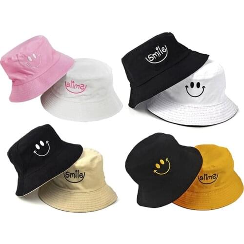 SMILE Bucket Hat Double Sided Bucket Hat Smiling face Unisex Fashion Bob Cap Hip Hop Gorro Men Summer Cap