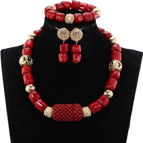Simple Original Coral Beads Jewelry Set Natural Coral Necklace Earrings Bracelet Set Wine Red Bridal Beads Jewelry New CNR688