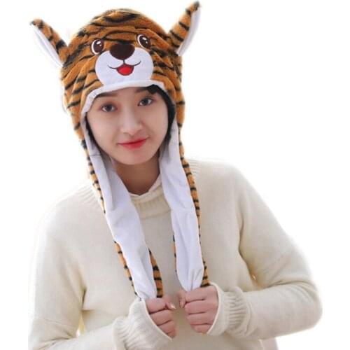 Fuzzy Hats in Tiger Shape with Moving Ears Pinchable for Warm Keeping