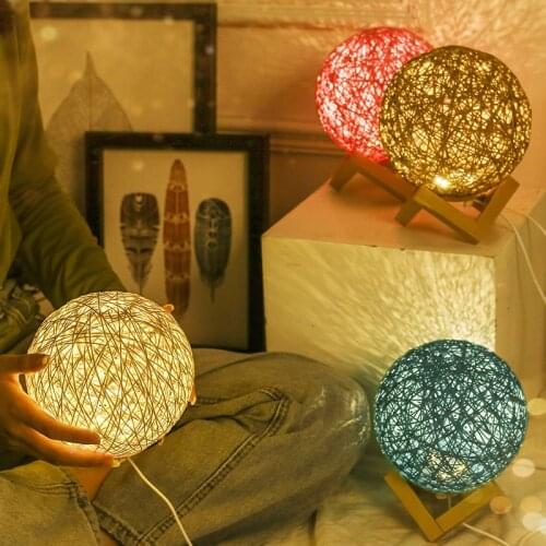 Usb Led Moon Child for Bedroom 3d Table Lamp Cotton Ball Light Room Decorations Gifts Creativity Nightlight Rattan Art Wood