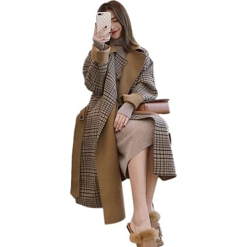 Tnlnzhyn New Boutique Fashion Women Winter Jacket Plaid Plus size Wool Coat Female Double Breasted Long Outwear Parka Wool coats