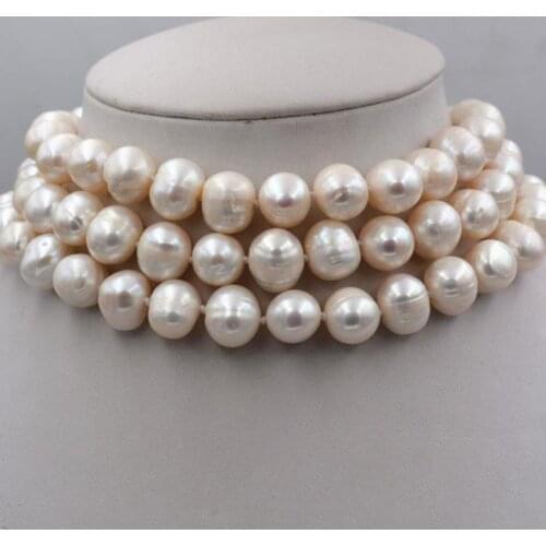 New 3 ROWS 9-10MM GENUINE WHITE AKOYA PEARL NECKLACE 17-19inch