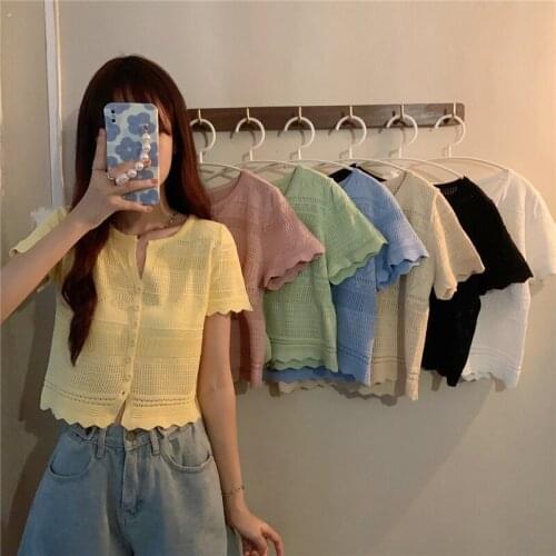 Thread lace Womens Tops Short Sleeve Knitted Crop Tops Casual Work Button Down tshirt women