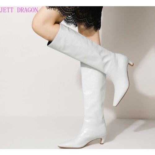 Black White Brown Stone Print Women Knee High Boots Fashion Slip on Square Toe Long Boots Comfort Low Heel Autumn Winter Shoes 7