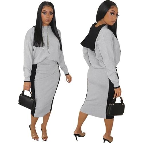 2 Piece Set Women Skirt and Top Winter Patchwork Long Sleeve Hoodie Outfits Casual Streetwear Sweatsuit Wholesale Dropshipping
