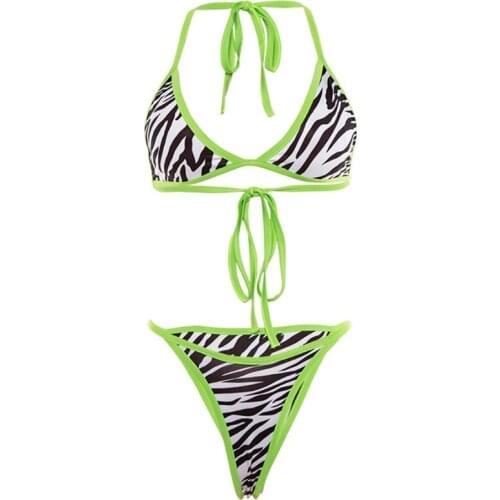 Women Sexy 2pcs Bikini Set Neon Green Trim Zebra Striped Print Swimsuit Padded Halter Tops Bra Thong Beach Bathing Suit