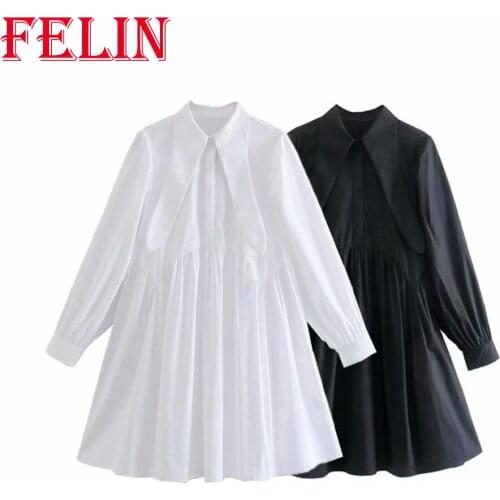 Za 2021 Chic Flared Women Dress Black White Fashion Autumn Maiden Style Lovely Dresses Long Sleeve Oversized Vestidos Mujer