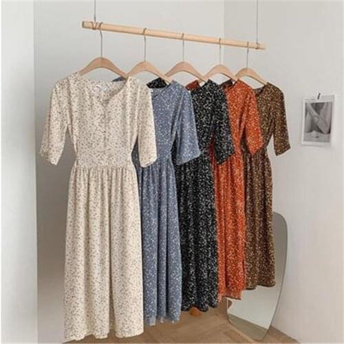 Vintage Single-breasted Floral Print Women Dress 2020 Summer V-neck Lace-up Female Dress Elegant A-line Vestidos Femme