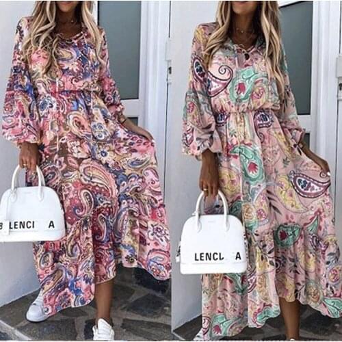 Women Spring Autumn Vintage Totem Floral Print Midi Dress Female Summer Long Sleeve Casual Femme Vestidos Fiesta Mujer Verano