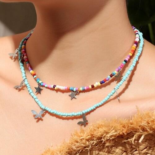 3PCs Bohemian Multilayer Seed Bead Star Moon Butterfly Pendant Necklace for Women Simple Choker Necklace Fashion Beads Jewelry