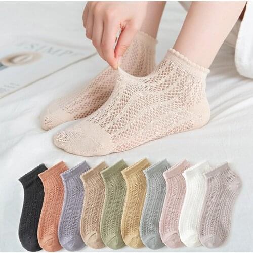 5Pairs/Set Women Cotton Short Socks Summer Thin Mesh Low Cut Soft Breathable Solid Color No Show High Quality Female Ankle Socks