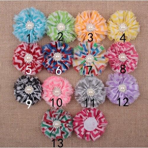 Yundfly 5pcs/lot Shabby Stripe Chiffon Flowers with Pearl Button Center Diy Headband Clips Kids Girls Headwear Hair Accessories