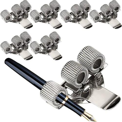 6Pcs Pen Holder Bag Stainless Steel Pen Holder Clip Silver 3 Holes Pen Holder For Notebook At Home, Office