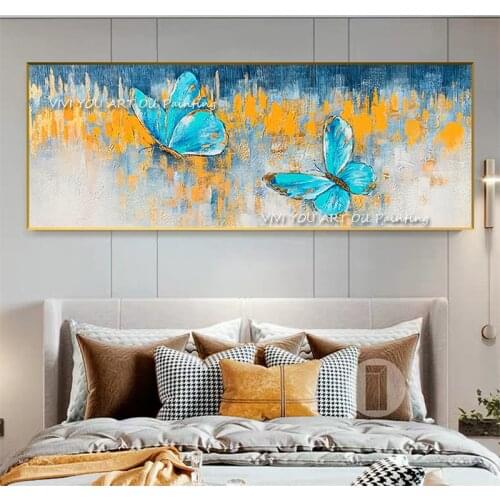 Blue Butterfly Yellow Couple Love Painted High Quality Abstract Canvas Oil Painting Wall Art Modern Living Room Porch Decoration