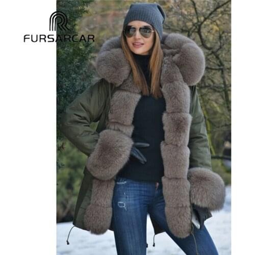 FURSARCAR 75 CM Long Real Fur Coat Womens Winter New Style Parka With Thick Fox Fur Collar And Cuff Fashion Fox Fur Parka