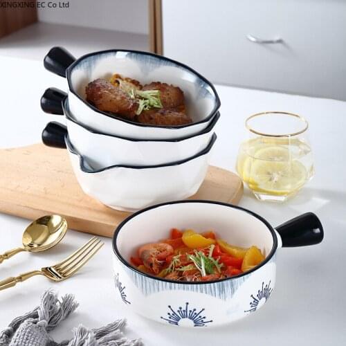Japanese-style Handle Bowl Ceramic Tableware Household Baking Bowl Vegetable Salad Bowl Dessert Bowl Creative Noodle Bowl