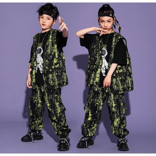 Boy Jazz Dance Costume Hip Hop Girls Clothing Green Spray Paint Suit Costumes Hip-hop Top Loose Waistcoat Boys Overalls XS2187