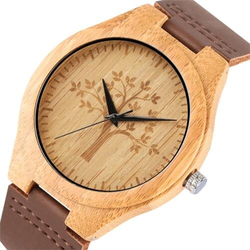 Nature Bamboo Wood Wrist Watch Men Casual Life Tree Dial Creative Watches Leather Band Timepieces New Male Clock Gifts