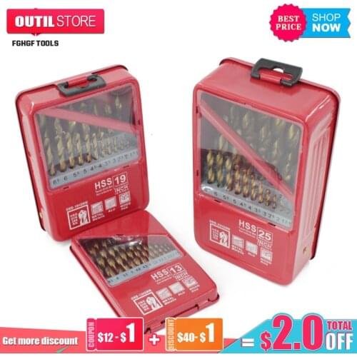 FGHGF 13/19/25pcs 1~13mm Titanium Coated HSS Drill Bit Set Metal For Woodworking Drilling Power Tools Accessories With Iron Box