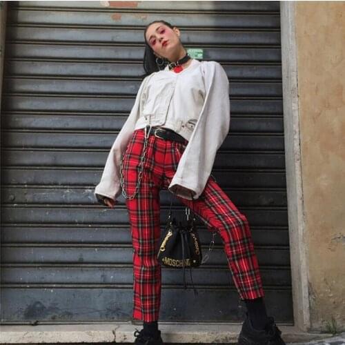 Richkeda Store New 2021 New Plaid Pants Women Hight Waist Trousers Women Harem Pants Full Length Streetwear