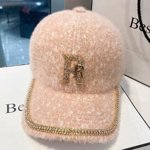 Autumn Winter Plush Cotton Warm Baseball Cap Casual Outdoor Snapback Hat Hip Hop Cap For Women Sequins Beads Letter R Winter Cap