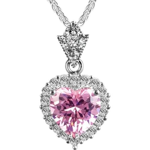 Romantic Design Heart Pink Zircon Pendant Necklace Silver Plated Fashion Jewelry Womens Wedding Boutique Jewelry Gift
