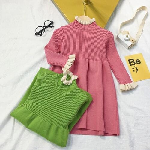 Girls Dress New Spring Autumn Long Sleeve Solid Printed Princess Dress Kids Clothes Children Warm Knitted Sweater Dress