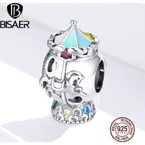 BISAER Carousel Toy Charms 925 Sterling Silver Merry-go-round Childhood Beads Pendant fit Original Bracelets Jewelry ECC1499