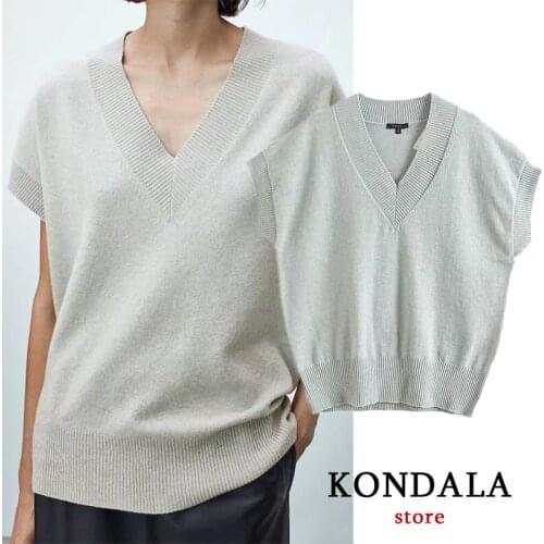 KONDALA Za 2021 Casual Oversized Gray Woolen Womens Vest Sweater V Neck Loose Sleeveless Sweaters Vintage Elegant Waistcoats
