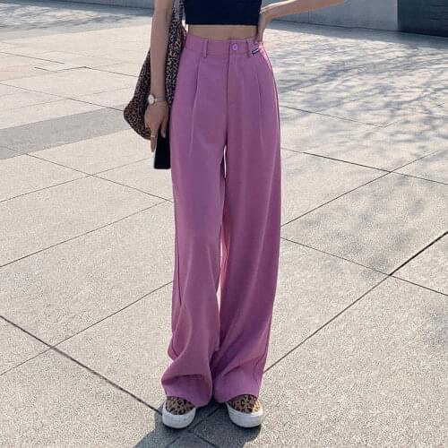 Retro Straight Wide Leg Brown Pants Vintage Female Korean High Waist Casual Long Pink Pants Fuchsia Trousers