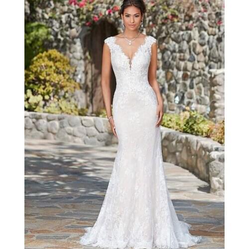 Sexy V-Neck Sleeveless Backless Lace Applique Mermaid Wedding Dress Bride Gown Vestidos De Novia robe mariée