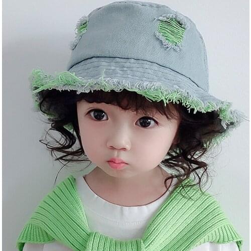 Denim Raw Edge Kids Bucket Hat With Holes Cowboy Baby Boys Summer Hat Baby Girls Sun Cap