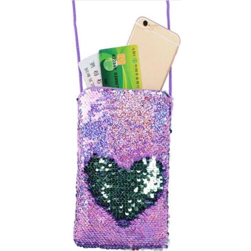 Sequins Loving Heart Girls Shoulder Phone Bag Women Mini Messenger Bag Cartoon Pouch Small Coin Purse Children Handbags