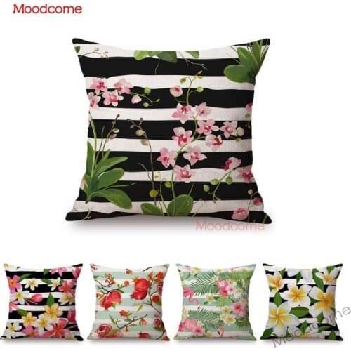 Tropical Leaves Flower Lemon pomegranate Strips Background Summer Decoration Indoor Sofa Pillow Cover Nordic Linen Cushion Cover