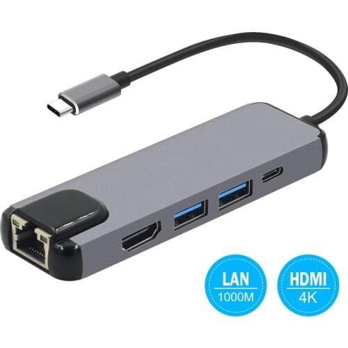 5 in 1 USB Type C Hub 3.0 OTG USB Hub RJ45 Adaptor HDMI-compatible PD Docking Station for MacBook Pro Air USB C Hub