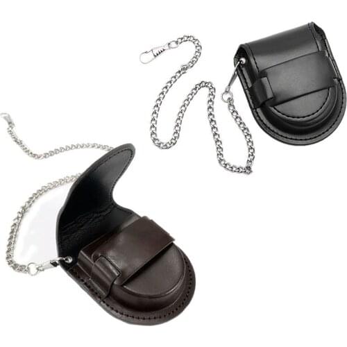 Vintage Leather Chain Pocket Watch Holder Storage Case Box Brown