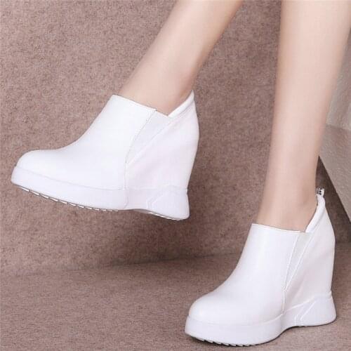 2020 Trainers Women Genuine Leather Wedges High Heel Platform Pumps Shoes Female Low Top Round Toe Fashion Sneakers Casual Shoes