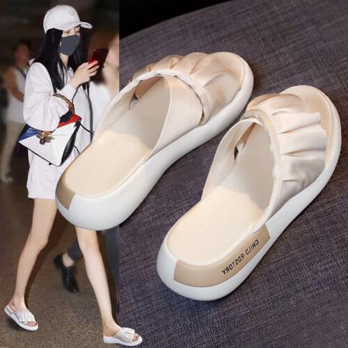 Womens Platform slippers with lotus leaf edge, non-slip soft bottom woman outside outdoor sandals Summer fashion shoes