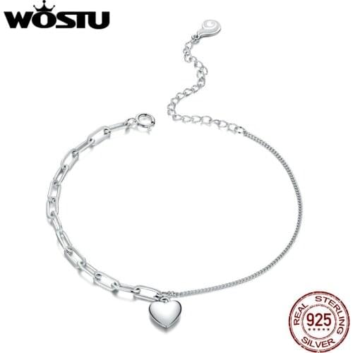 WOSTU 925 Sterling Silver Double Chain Heart Bracelet Chain Link Femme Bracelets for Women Sterling Silver Jewelry BNB053