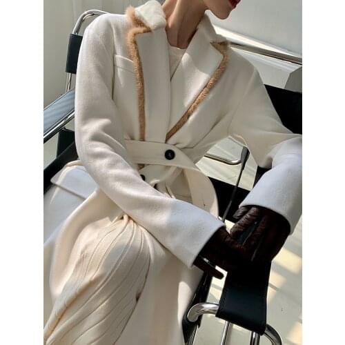 Womens woolen coat mid-length waist niche design mink fur stitching coat