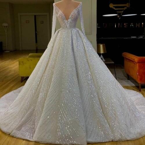 V Neck A Line Sequins Wedding Dresses Long Sleeves Ruffle Bridal Gowns Dubai Luxurious vestido de novia