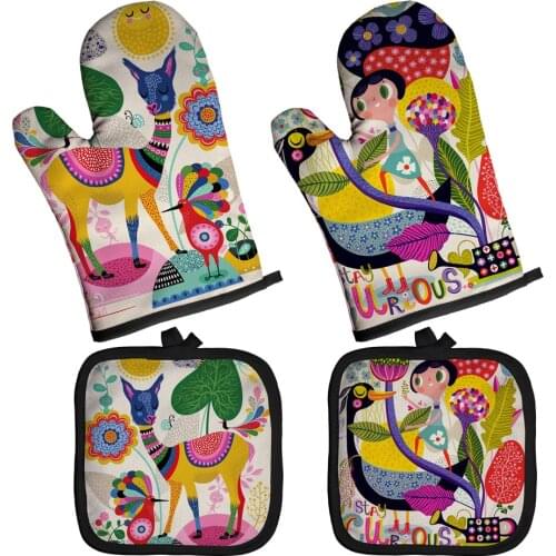 2020 New Cartoon Animal Series Baking Gloves And Insulation Pads Kitchen Gloves Polyester Cooking Microwave Glove Oven Mitts