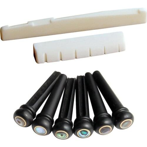 6 String Acoustic Guitar Bone Bridge Saddle and Nut and 6pcs Ebony Guitar Bridge Pins White+Black